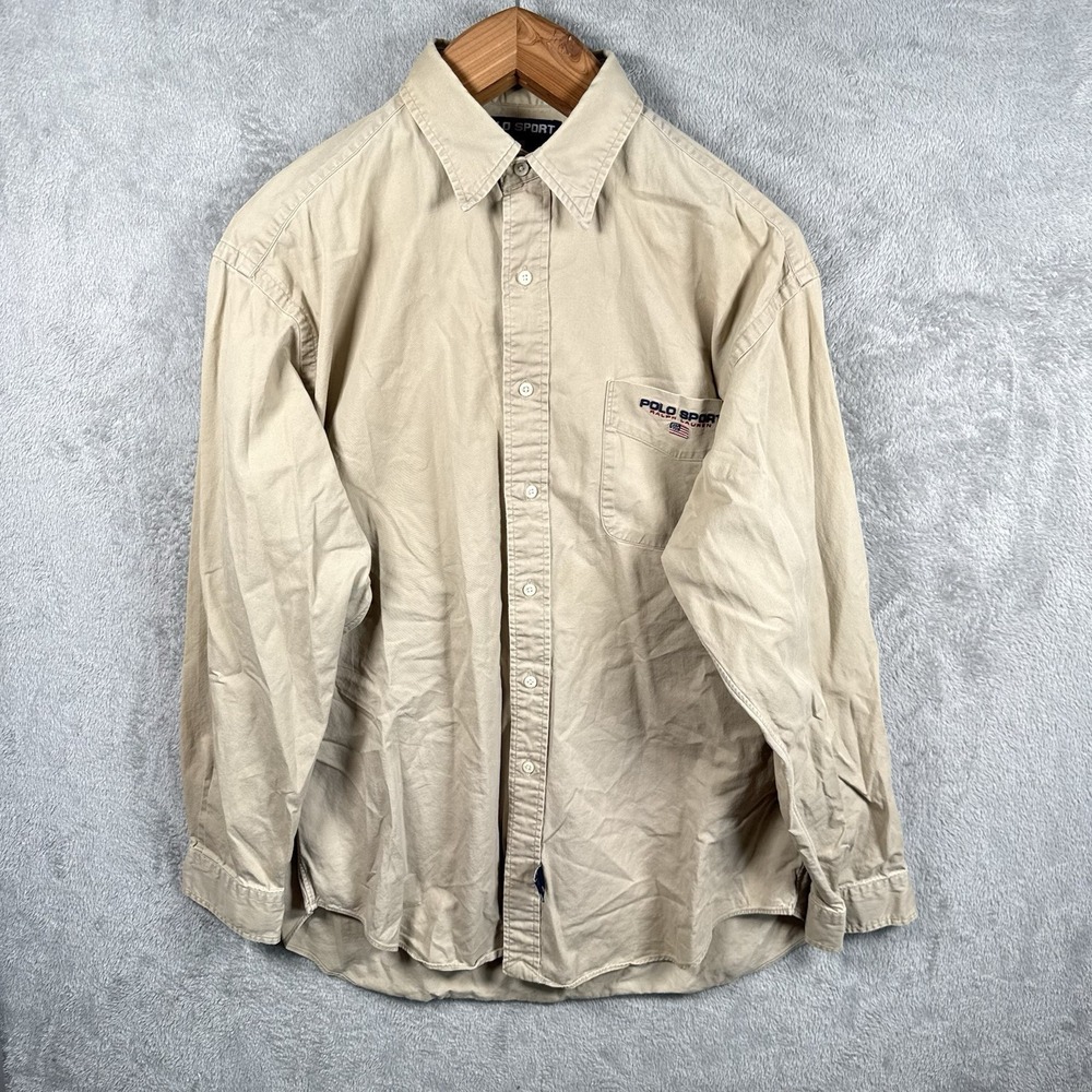 Polo Sport Ralph Lauren Button Up Shirt XL Beige Cotton USA Flag Dungaree VTG 90